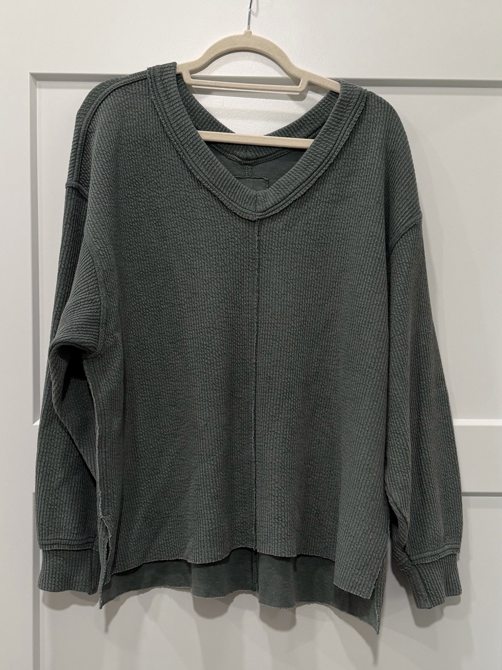 aerie Washed Slate Green V-Neck Waffle Pullover Sweater